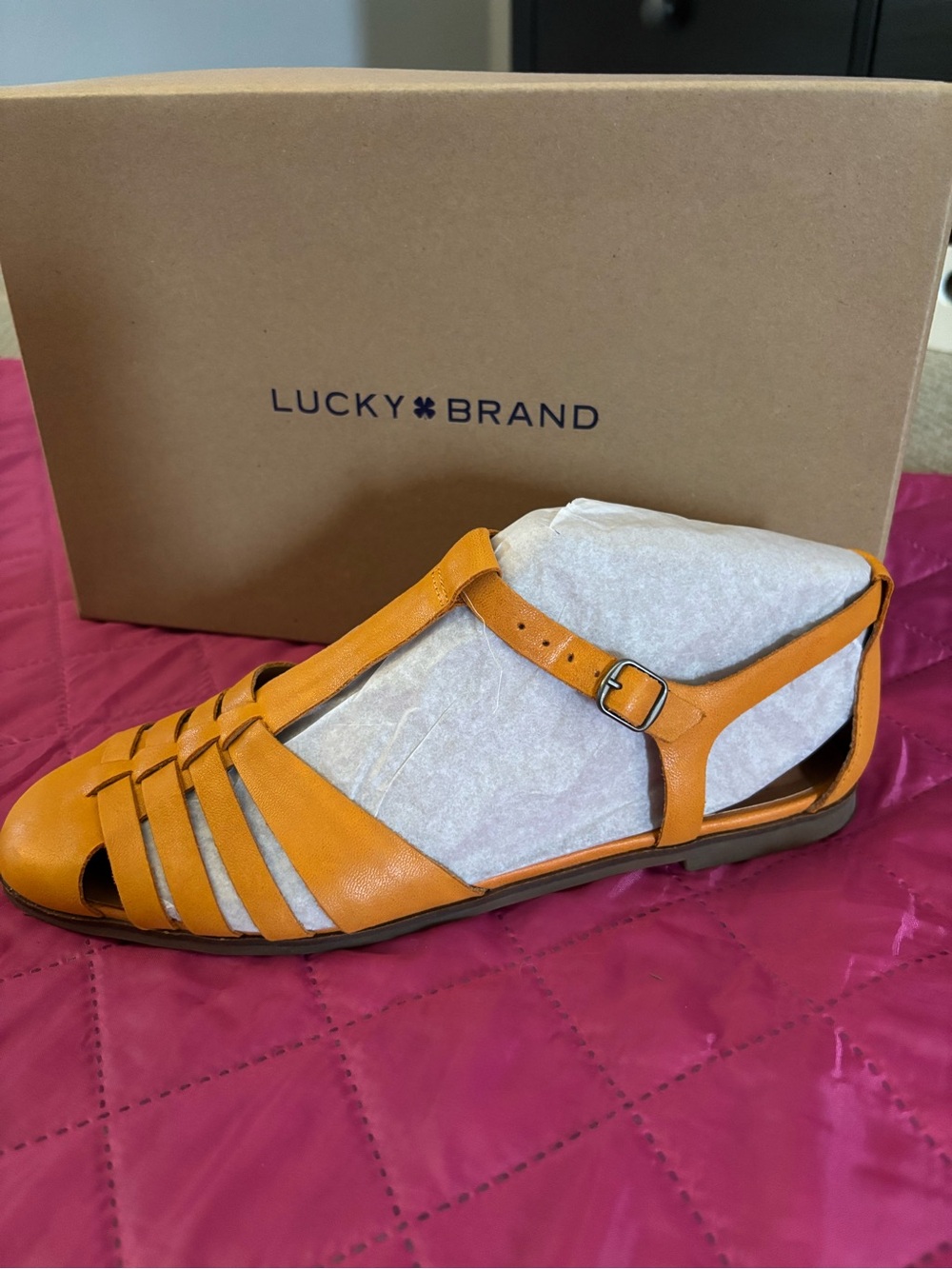 Lucky Brand Orange Leather Strappy T‑Bar Sandal - Picture 1 of 8